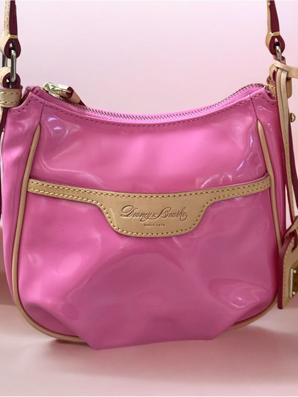 Dooney & Bourke Pink Patent Crossbody with Tan Trim